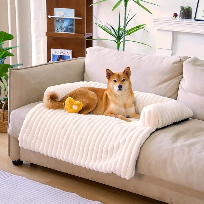 FUNNY FUZZY Pet Couch Cover for Sofa, Calming Dog Bed for Couch, Fluffy Plush Dog Couch Mat for Furniture Protector for Large Medium Small Dogs and Cats, Cream White-PurrikoPets