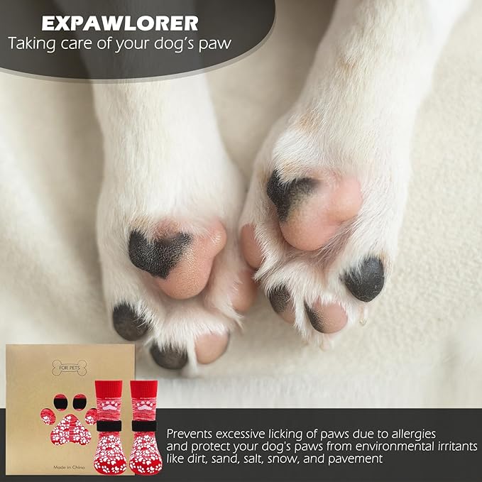 EXPAWLORER Anti Slip Dog Socks, Red, Medium, 4 Count, Fabric, Elastic Band, Dog, Paw Protection, Indoor & Outdoor-PurrikoPets