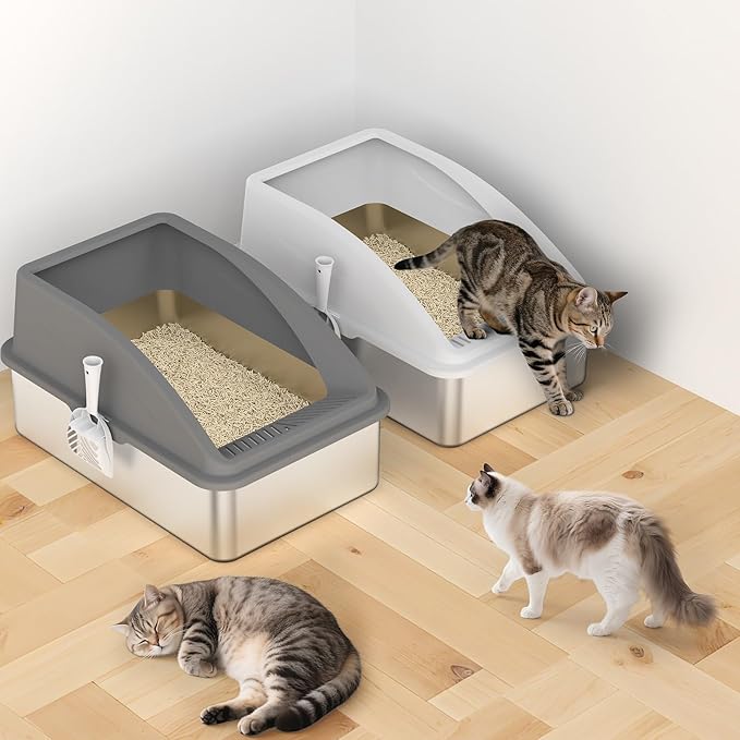 2 Pack Stainless Steel Litter Box | XL Enclosed Cat Litter Boxes with Lid for Big Cats and Multi-Cats | High Sided, Anti-Urine Leakage | Non-Stick Bottom（Multi-Colored）-PurrikoPets