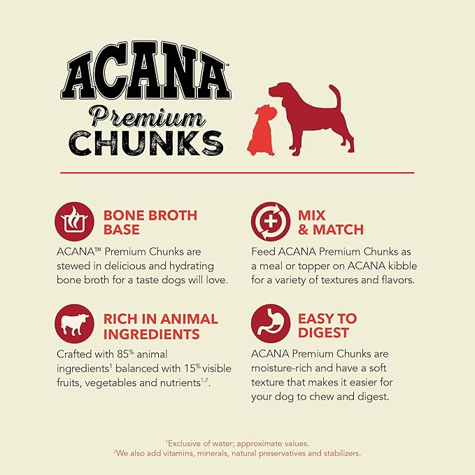 ACANA Premium Chunks in Bone Broth Grain-Free Wet Dog Food Variety Pack: Beef + Poultry Recipes 12.8oz Cans (6 Count, 3 of Each)-PurrikoPets