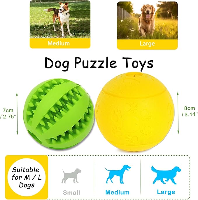 Dog Puzzle Toy, Treat and Dental Balls, Interactive Treat Dispensing Toy for Dogs, Durable Puppy Toys for Teething Small Dogs, Rubber Teeth Balls, Slow Feeder, 2-Pack (Medium Large)-PurrikoPets