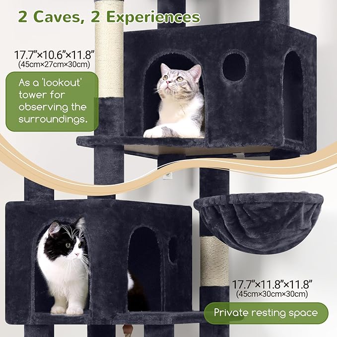 Globlazer Cat Tree, 70 inch Tall Scratching Tower Multi-Level Cat Condo for Indoor Multiple Cats with 2 Large Cat Caves, Top Perch, Large Platform, Bottom Swing, F70B, Dark Grey-PurrikoPets