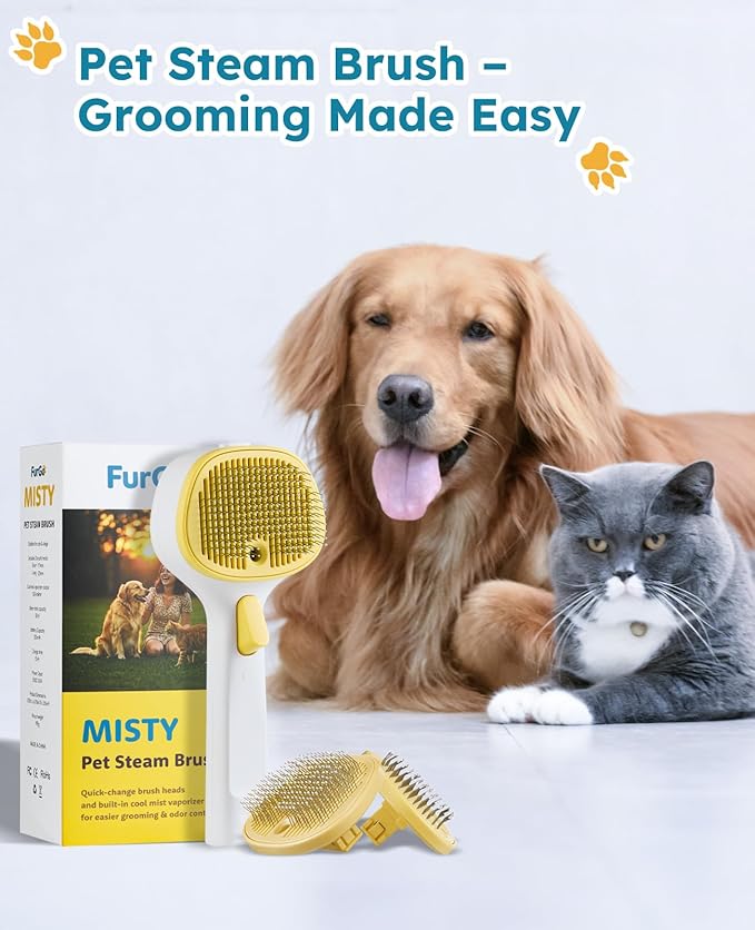 FURGO 3-in-1 Pet Steam Brush for Dogs & Cats – Reduces Static, Replaceable Heads, One-Touch Hair Ejection, Dog Spray Brush for Shedding Control(Long&Short)-PurrikoPets