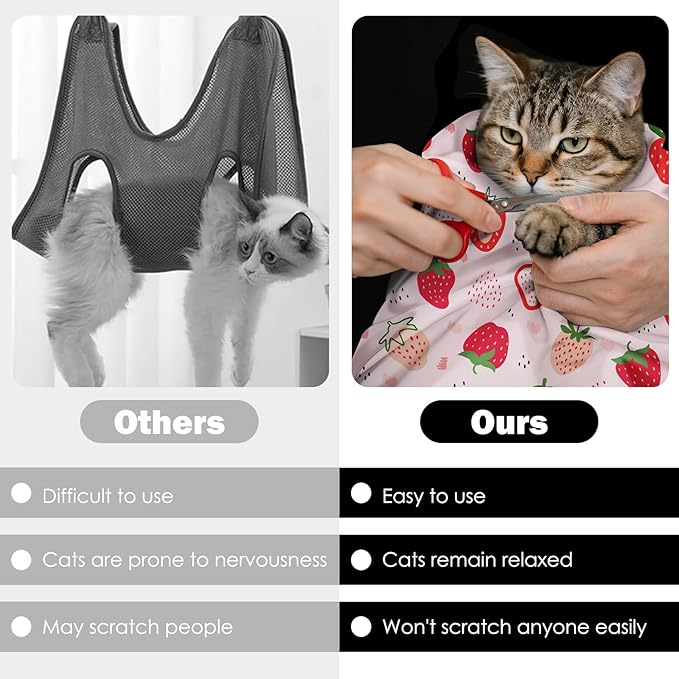 27.6" Cat Grooming Wrap, Self Adhesive Cat Wrap for Cutting Nails, Anti-Escape Calming Cat Swaddle Wrap for Medicine Ear Cleaning, Strawberry Anti-Scratch Cats Burrito Restraint Blanket, Pet Tool-PurrikoPets