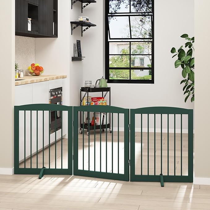Freestanding Pet Gate for Dogs, Foldable Wooden Dog Gate for House, Indoor Dog Gate for Doorways, Stairs, Step Over Pet Puppy Safety Fence, Support Feet Included,24" Height 3 Panels,Green-PurrikoPets