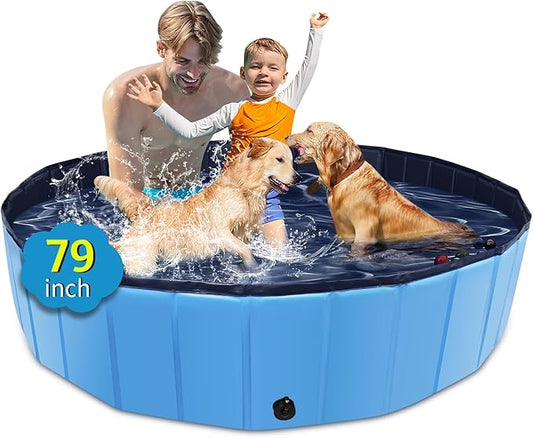 Foldable Dog Pool, 79" x 14" Large Kiddie Pool with Hard Plastic, Non-Slip Dog Bath Tub for Outdoor Backyard, Collapsible Dog Swimming Pool for Kids Dogs Pets (Blue)-PurrikoPets