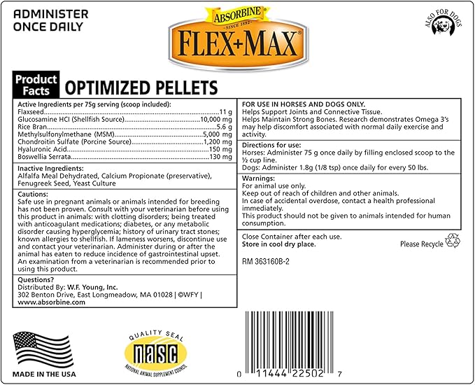 Absorbine Flex+Max Horse Joint Supplement Pellets, Highly Palatable, Comprehensive Equine Formula with Glucosamine, MSM, Chondroitin & Flaxseed, 10lb Tub / 60 Day Supply-PurrikoPets
