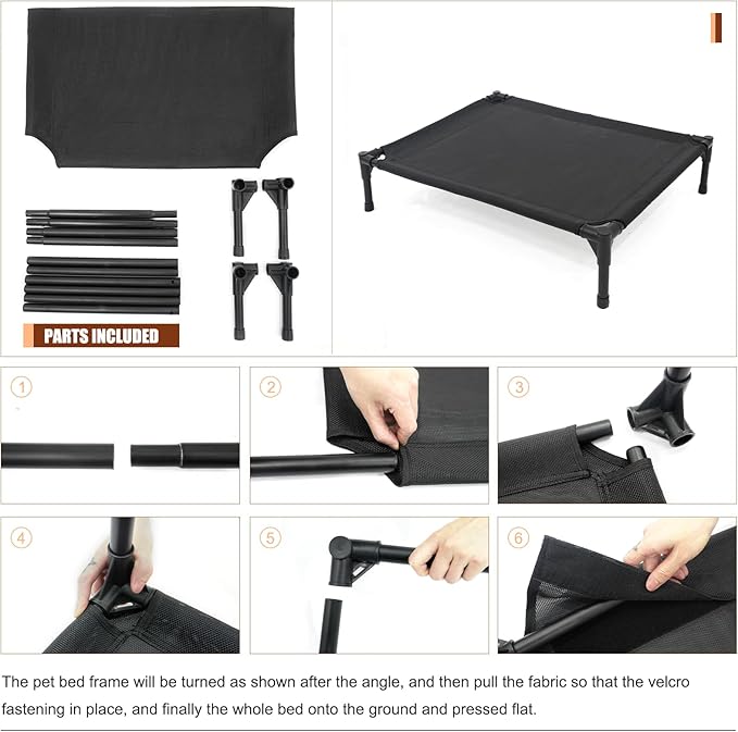 Elevated Dog Bed for Large Dogs, Raised Dog Cot Fits Up to 120 LBs, Heavy Duty Pet Cots with Durable Supportive Teslin Recyclable Washable Mesh, Indoor & Outdoor Pet Bed, Black-PurrikoPets