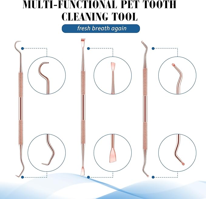 3 Pieces Dog Dental Tooth Scaler and Scraper Stainless Double Headed Tarter Removing Tool Scraper Pet Teeth Cleaning Tools for Dog and Cat (Rose Gold)-PurrikoPets
