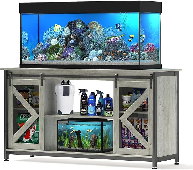 55-75 Gallon Aquarium Stand Heavy Duty Steel Frame, Fish Tank Cabinet with Accessories Storage for Reptile Terrarium & Turtle Tank - 1000lbs Capacity (Grey)-PurrikoPets