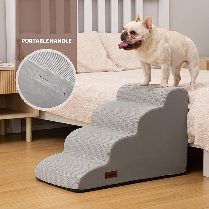 4-Step Dog Stairs and Ramp for Beds or Couches,Non-Slip Sturdy Pet Steps for Small Dogs and Cats,17.4" H,Light Grey-PurrikoPets