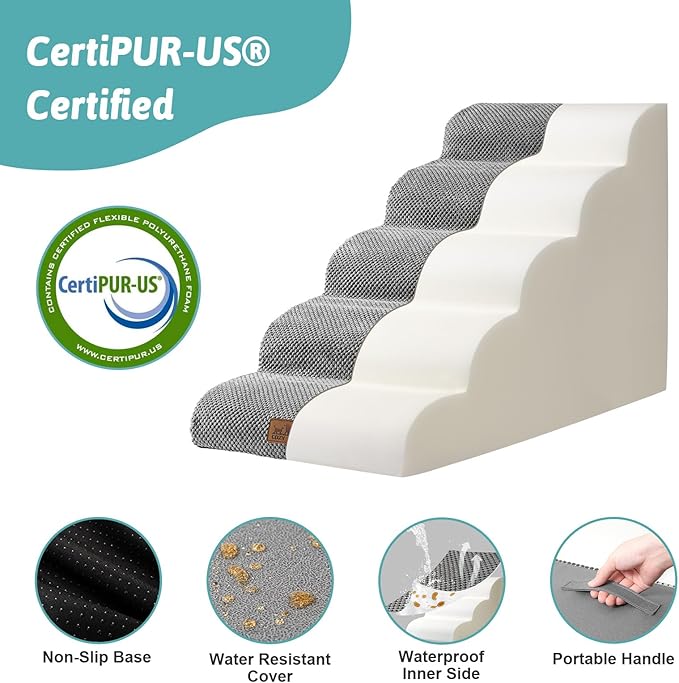 Dog Stairs for Small Dog 22.6" H, Curved Pet Step for Puppy, Older Cat, Medium Pet Ramp for High Bed, Ladder with High Density Foam, Durable, 5 Step, 15.7x33x22.6 inch, Grey-PurrikoPets