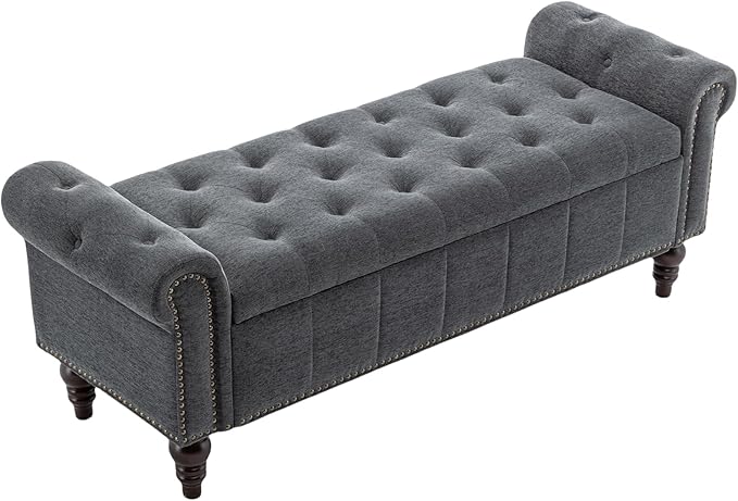 58’’ Storage Bench for Bedroom, Upholstered Button-Tufted Ottoman with Solid Wood Legs, Large End of Bed Shoe Cabinet, Window Seat Foot Rest Stool for Entryway, Closet, and Living Room (Dimgray)-PurrikoPets