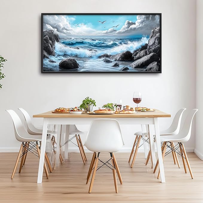 Extra Large Framed Abstract Sea Ocean Wall Art,Black and White Wall Decor, Coastal Seashore Pictures for Living Room,Canvas Print Painting Modern Artwork Bedroom Office Bathroom 60L x 30W-PurrikoPets