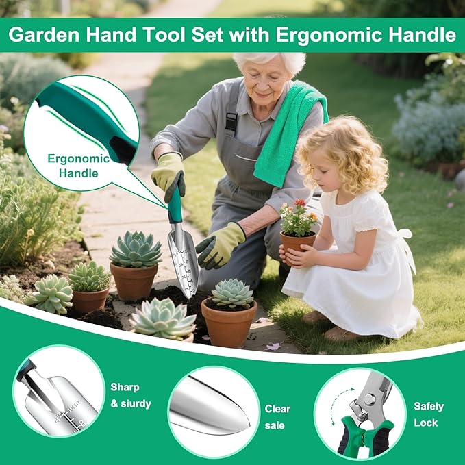 Garden Tool Set for Women, 12pcs Heavy Duty Gardening Tools, Cute Gardening Supplies Gifts for Women Mom, Garden Hand Tools with Fashion Organizer Handbag, Garden Tools for Gardening, Planting, Green-PurrikoPets