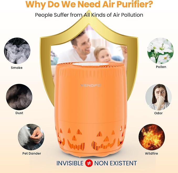 Air Purifiers for Home Bedroom up to 1076ft², True HEPA Air Filters Dust Pets Smoke Hair, 3 Fan Speeds Quiet, Timer Settings, Rechargeable Air Cleaner Office, Bedroom, Pets, Car(Orange)-PurrikoPets