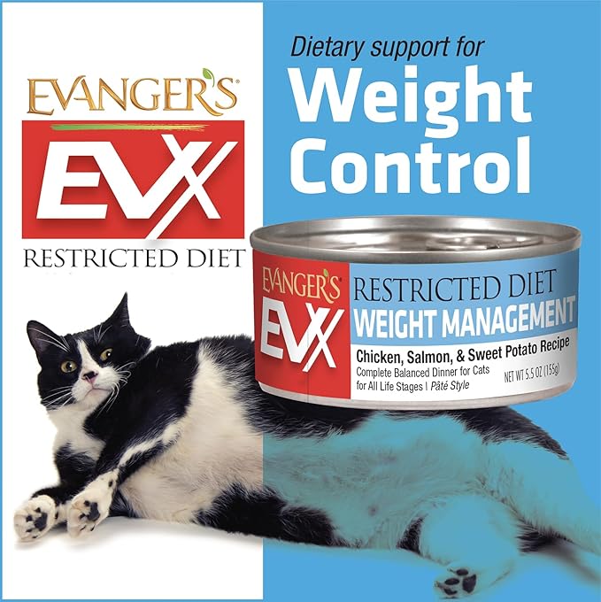 Evanger’s EVX Restricted Diet Weight Management Canned Cat Food – 24 Count, 5.5 oz Cans Each – Chicken, Salmon & Sweet Potato Recipe – Grain Free, Limited Ingredients, Pâté Style-PurrikoPets
