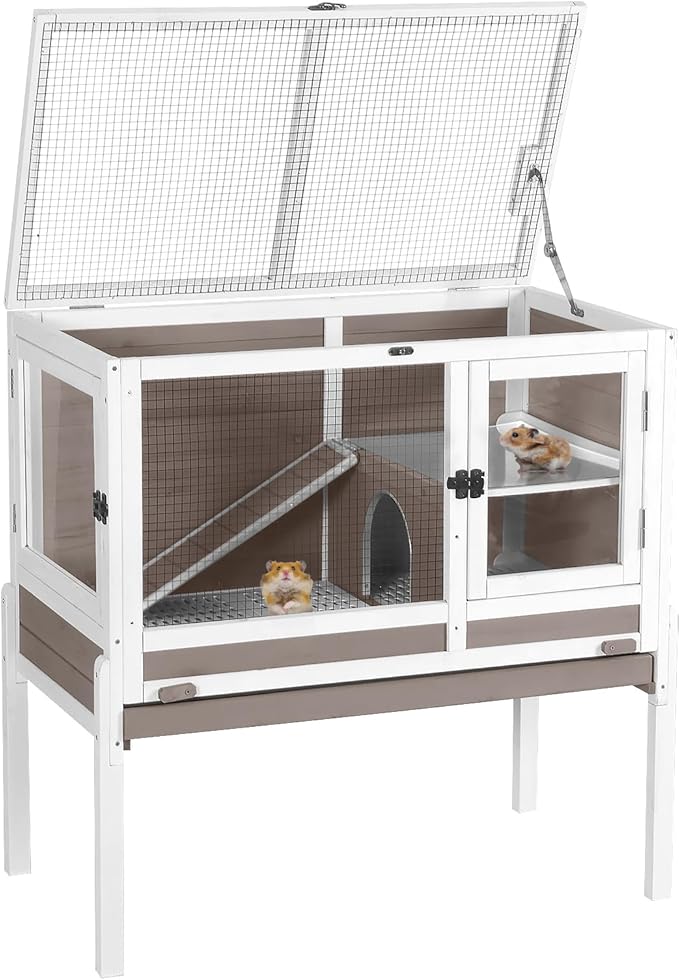 Aivituvin Wooden Guinea Pig Cages Indoor with Removable Stand, Anti Chewing Rabbit Hutch with Ramp and Wire Mesh, 2 Story Small Animals House Habitat with Pull Out Tray (Brown)-PurrikoPets
