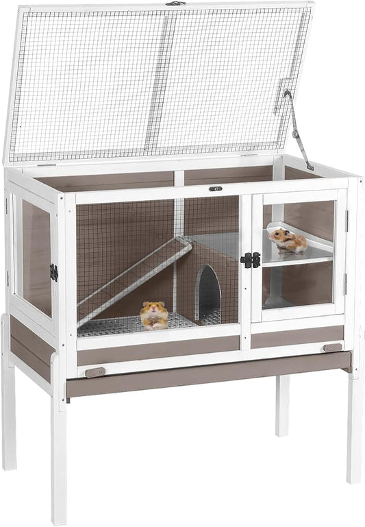 Aivituvin Wooden Guinea Pig Cages Indoor with Removable Stand, Anti Chewing Rabbit Hutch with Ramp and Wire Mesh, 2 Story Small Animals House Habitat with Pull Out Tray (Brown)-PurrikoPets