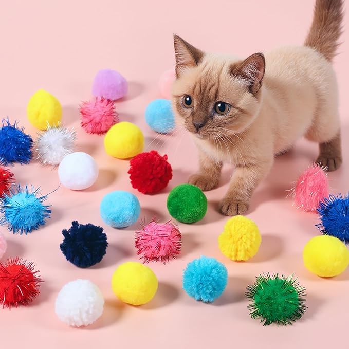 30 Pcs Cat Pom Pom Balls Assorted Color Sparkle Ball for Indoor Cats, Interactive Cats Toys Fuzzy Cat Balls Tinsel Glitter Chase Poms Poms Ball for Exercise and Entertainment-PurrikoPets