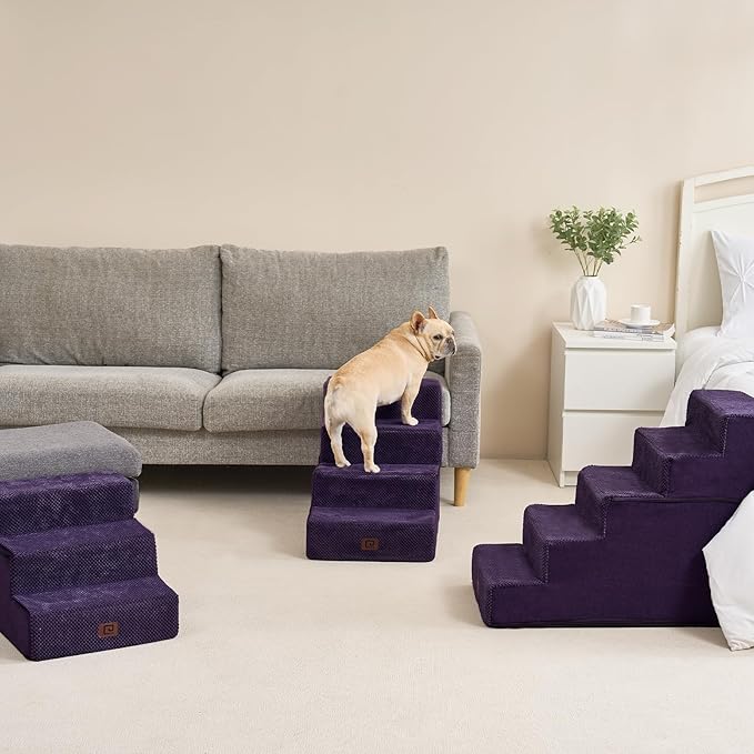 EHEYCIGA Dog Stairs for High Bed 22.5" H, 5-Step Dog Steps for Bed, Pet Steps for Small Dogs and Cats, Non-Slip Balanced Pet Ramp Indoor, Purple-PurrikoPets