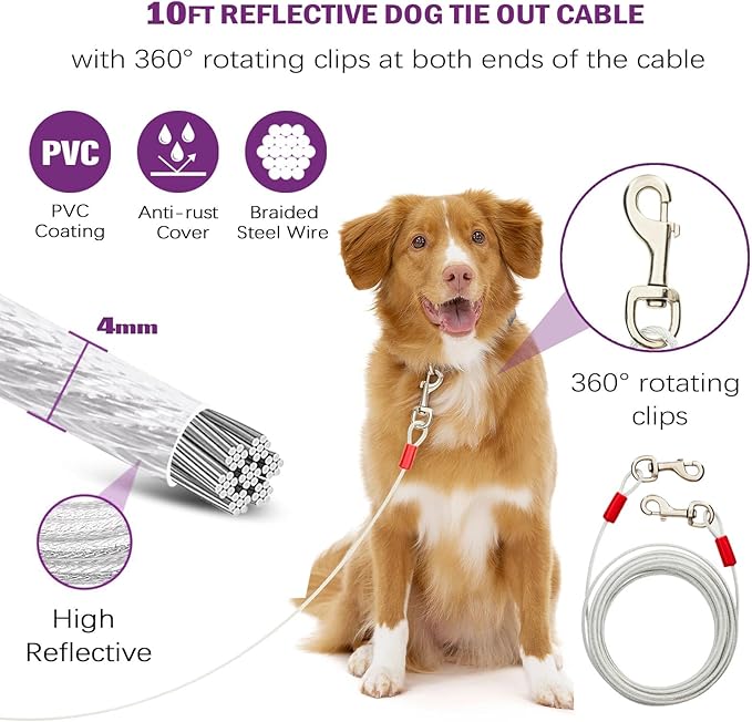 360° Swivel Dog Tie Out Cable and Stake - 2025 Upgrad Stainless Steel Dog Stake Dog Anchor for Small to Large Dogs - No Tangle Reflective Run Cable for Yard (Silver 10 ft Cable)-PurrikoPets