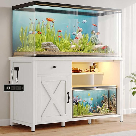 55 Gallon Fish Tank Stand with LED Light & Power Outlets, 55-75 Gallon Aquarium Stand with Drawer & Barn Door, 50" L x 20" W Cabinet for 2 Fish Tank Accessories Storage, Turtle Tank, Antique White-PurrikoPets