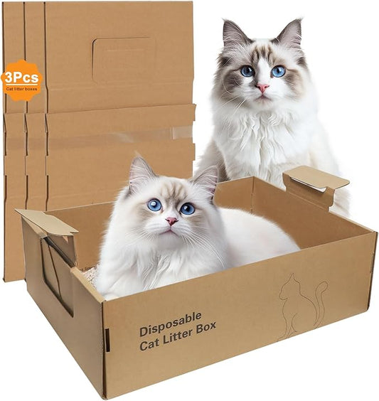 3-Pack Disposable Litter Boxes for Cats,Disposable 100% Renewable Cardboard Foldable Litter Boxes,Large-Capacity Portable Cardboard Cat Litter Box,Waterproof Travel Litter Box,17.2'' x 12.2'' x 5.3''-PurrikoPets