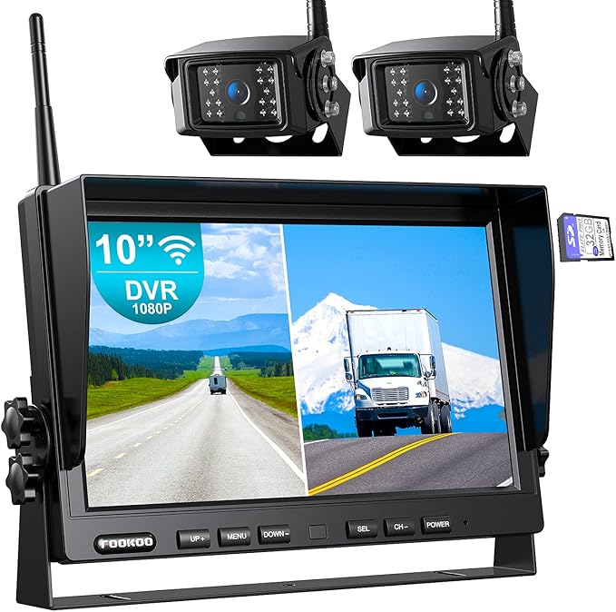 Fookoo 1080P 10" Wireless Backup Camera System, 10" Dual/Quad Split Monitor with Recording, IP69 Waterproof Rear/Front View Cameras, Parking Lines for RV/Truck/Trailer/Van(DW102)-PurrikoPets