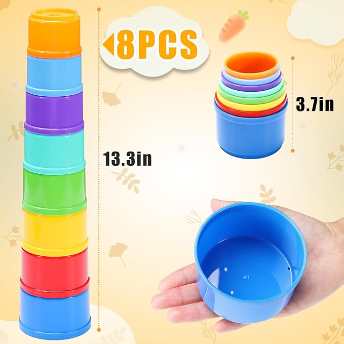 8 Pcs Stacking Cups for Rabbits - Safe Reusable Bunny Toys in Different Sizes, Durable Rainbow Colored Nesting Toys for Small Animals Bunny Hiding Food Playing Bunny Gifts-PurrikoPets