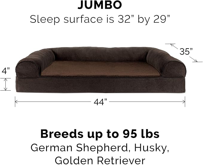 Furhaven Cooling Gel Dog Bed for Large Dogs w/ Removable Bolsters & Washable Cover, For Dogs Up to 95 lbs - Sherpa & Chenille Sofa - Coffee, Jumbo/XL-PurrikoPets