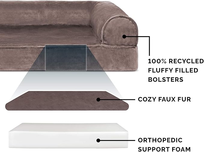 Furhaven Orthopedic Dog Bed for Large Dogs w/ Removable Bolsters & Washable Cover, For Dogs Up to 125 lbs - Faux Fur & Velvet Sofa - Driftwood Brown, Jumbo Plus/XXL-PurrikoPets