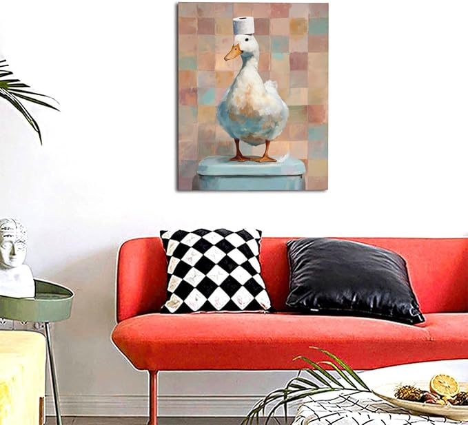 Funny Duck Bathroom Wall Art Cute Duck on Toilet Canvas Wall Decor Funny Quirky Farm Animal Pictures Painting Print Framed Artwork Decorations Gifts for Bathroom 16"x20"-PurrikoPets