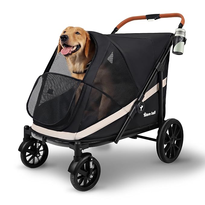 Dog Stroller for Large Dogs One-Click Folding 4 Wheel Foldable Dog Stroller for 2 Dogs with Storage Pocket Suitable for Pets Up to 110LBS (Black, Large)-PurrikoPets