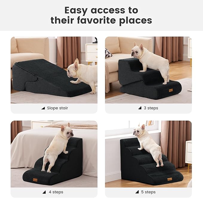 Gardner Pet Dog Stairs for Small Dogs 22.8" H, 5-Step Black Curved Pet Stairs, Dog Steps for High Bed, Couch (24-30 in) with Durable Non-Slip Waterproof Fabric Cover and CertiPUR-US Certified Foam-PurrikoPets
