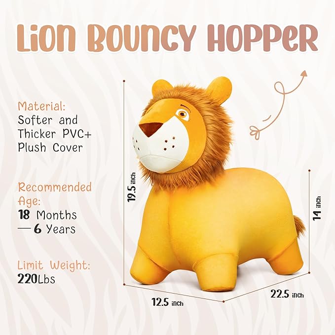 EVERICH TOY Lion Bouncy Horse, Inflatable Plush Hopping Toy, Bouncing Animal Hopper for Toddlers, Fun Ride-On Toy for Kids 18 Months-6 Years, Indoor & Outdoor Play, Great Gift Boys Girls-PurrikoPets