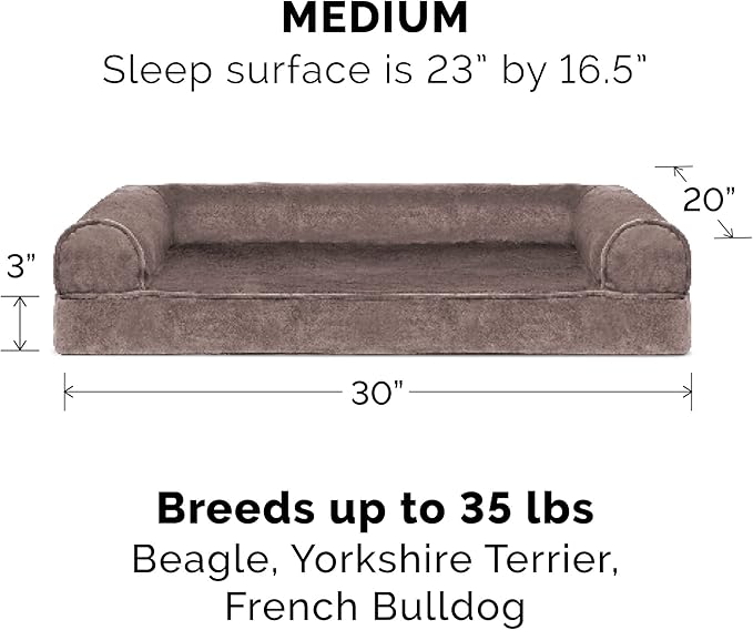 Furhaven Cooling Gel Dog Bed for Medium/Small Dogs w/ Removable Bolsters & Washable Cover, For Dogs Up to 35 lbs - Faux Fur & Velvet Sofa - Driftwood Brown, Medium-PurrikoPets