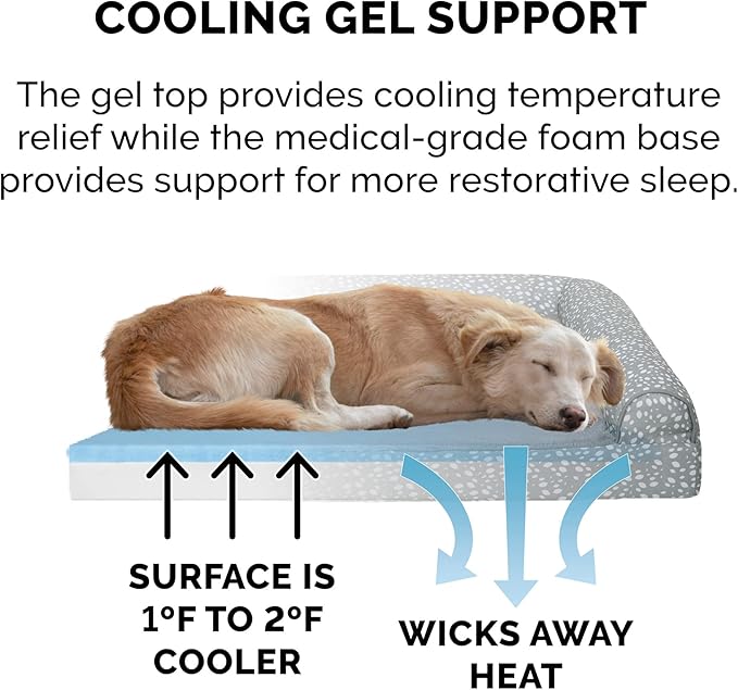 Furhaven Cooling Gel Dog Bed for Large Dogs w/ Removable Bolsters & Washable Cover, For Dogs Up to 125 lbs - Plush & Almond Print L Shaped Chaise - Gray Almonds, Jumbo Plus/XXL-PurrikoPets