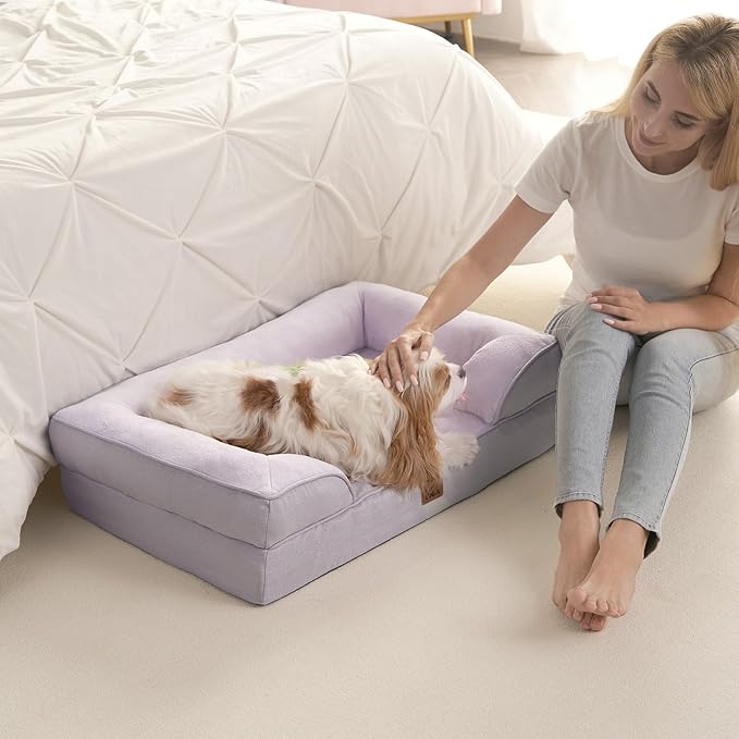 EHEYCIGA Orthopedic Dog Beds Large Sized Dog, Waterproof Memory Foam Pet Bed with Sides, Non-Slip Bottom Large Pet Bed with Washable Removable Cover, Lilac-PurrikoPets