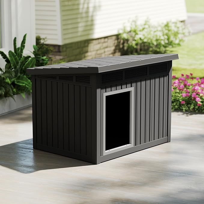 Dog House Indoor Outdoor,Resin Waterproof Puppy Shelter with Air Vents and Elevated Floor,Air Rod on Top to Open,Dog Kennel for Small to Large Dogs(Black,42.87 * 32.95 * 31.61)-PurrikoPets