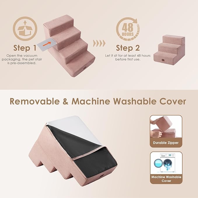 EHEYCIGA Dog Stairs for Small Dogs 13.5" H, 3-Step Dog Steps for Couch Sofa and Chair, Pet Steps for Medium Cats, Non-Slip Balanced Pet Ramp Indoor, Pink-PurrikoPets