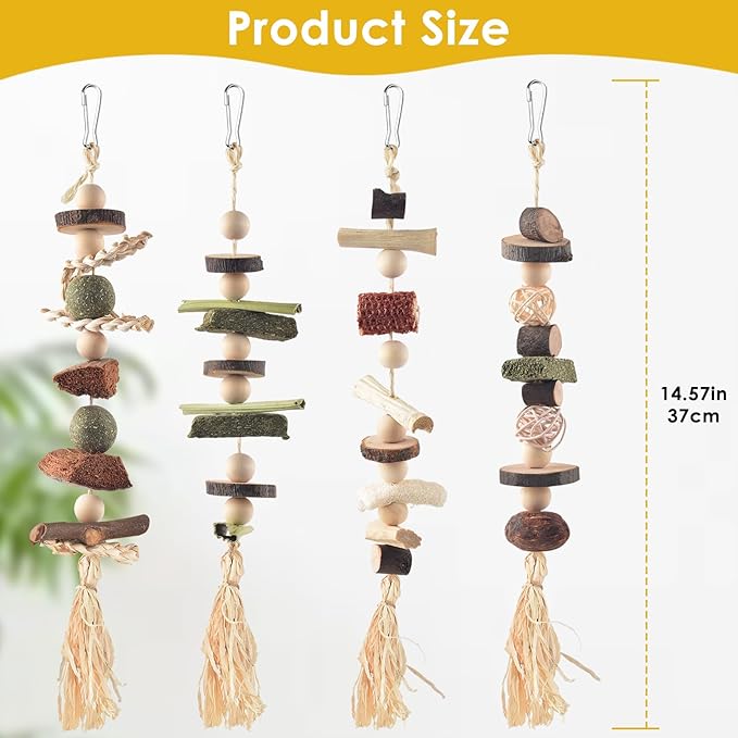 4 Pcs Bunny Chew Toys for Teeth, Hanging Rabbit Chewing Toy Treats with Timothy Grass & Natural Apple Wood, Improve Small Rodent Dental Health for Guinea Pig Hamster Chinchilla Rat Gerbil-PurrikoPets
