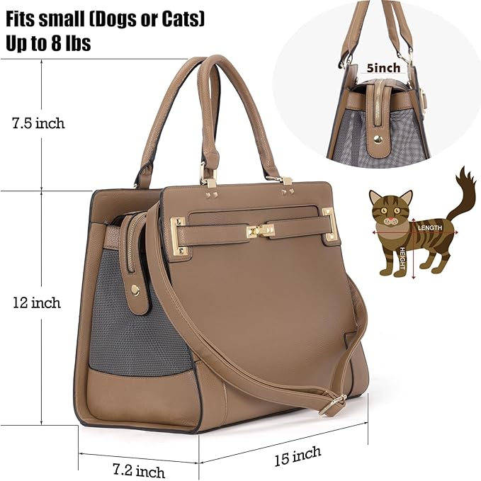 Fashion Pet Carrier Dog Cat Carrier Purse Soft-Sided Leather Handbag Pet Tote Bag for Small Dogs Puppy and Cats TSA Airline Approved (Khaki)-PurrikoPets