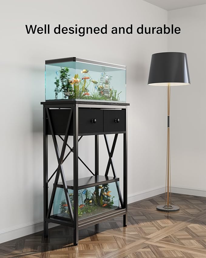 Fish Tank Stand for 5-10 Gallon Fish Tank: Aquarium Stand with Power Outlet - Metal 10 Gallon Tank Stand with Cabinet Drawer Storage for Turtle Tank, Reptile Terrarium (Black, 220LBS Capacity)-PurrikoPets
