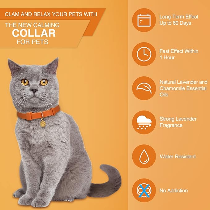 4 Pcs Cat Calming Collar Adjustable Lavender Scent Relaxing Cat Collar with 2 Pendant for Puppies Reduce Stress Aggression Anxious, up to 15 Inches(Orange)-PurrikoPets