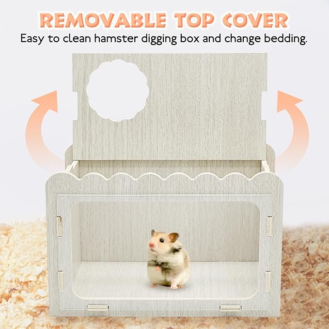 Fhiny Hamster Hideout Wooden Chamber with Climbing Ladder, Visible Hamster Digging Box with Acrylic Transparent Board Gerbil Platform Exploring House Habitat Decor for Dwarf Hamsters Gerbils Mice-PurrikoPets