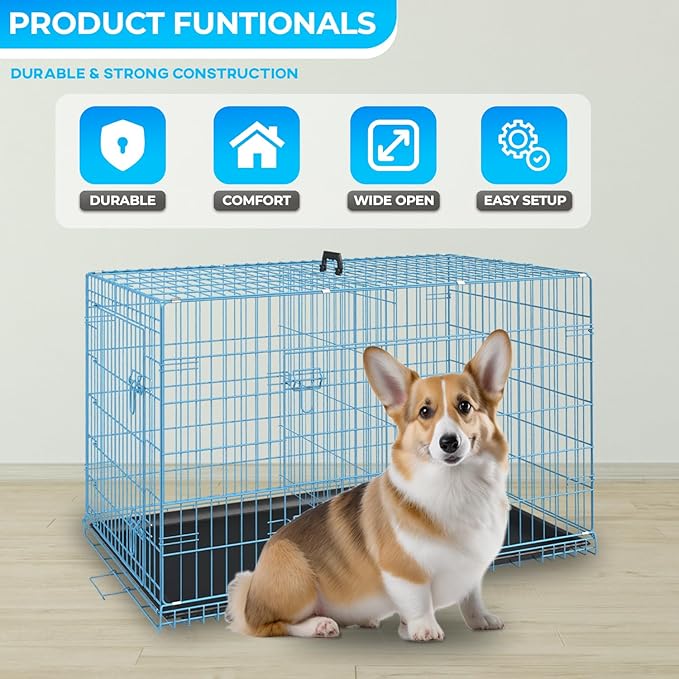 FDW Dog Crate for Small Dogs 24 Inch Folding Metal WirePet Cage Double Door W/Divider Panel Indoor Outdoor Kennel Leak-Proof Plastic Tray,Blue-PurrikoPets