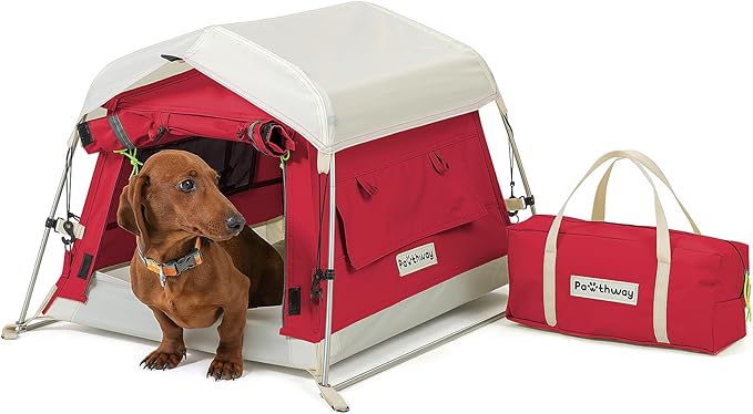 Dog Tent Cotton Fabric, Aluminum Poles and Camping Mat, Outdoor Weatherproof, Dog House Outdoor, Breathable with 2 Side Windows, Portable and Collapsible (Red, Small)-PurrikoPets