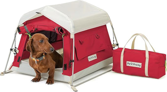 Dog Tent Cotton Fabric, Aluminum Poles and Camping Mat, Outdoor Weatherproof, Dog House Outdoor, Breathable with 2 Side Windows, Portable and Collapsible (Red, Small)-PurrikoPets