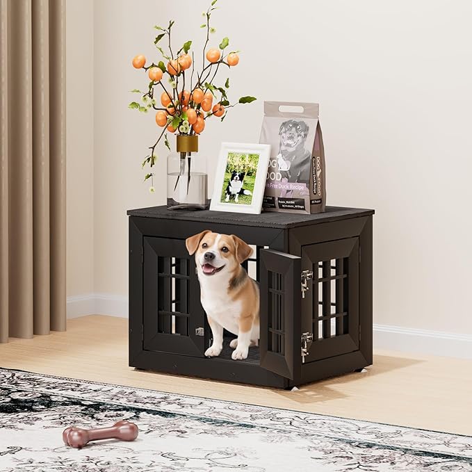 26" Heavy Duty Dog Crate Furniture for Small,Medium and Large Dogs,Rustic Wooden Dog Cage Kennel Indoor Furniture with Waterproof Top,Decorative Pet House Side End Table (Black & Grey)-PurrikoPets